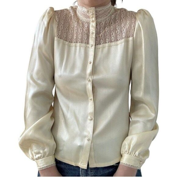 Gunne Sax Tops - Vintage 1970s Gunne Sax Ivory Cream Satin Romantic Cottagecore Blouse Sz S